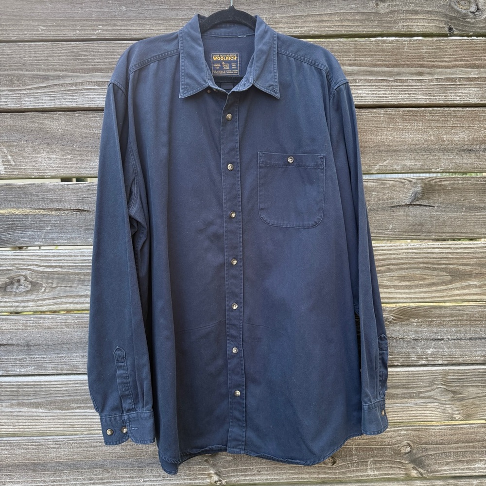 Vintage Woolrich Navy Blue Button Up Work Shirt XL Tall Cabin Core